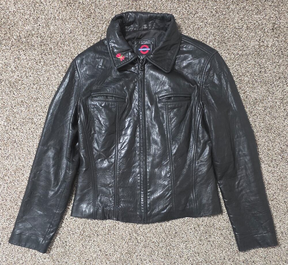 Vintage Underground Womens Black Leather Jacket Size M Zip Up Moto Biker Y2K